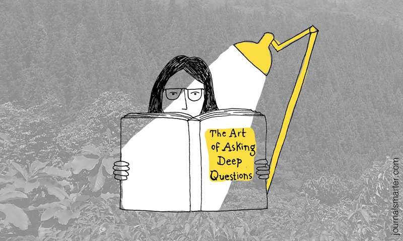 girl reading a book called "The Art of Asking Deep Questions"
